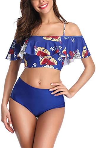 Amstt Swimsuit for Women Two Piece Off Shoulder Ruffled Flounce Crop Bikini Top with High Waisted Bottom Tankini Set