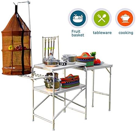 アルミ製のキャンプ用食器棚折りたたみ式キャンプ用キッチン収納棚 電柱とキッチン用品吊り下げ用ポール 白 大規模セール