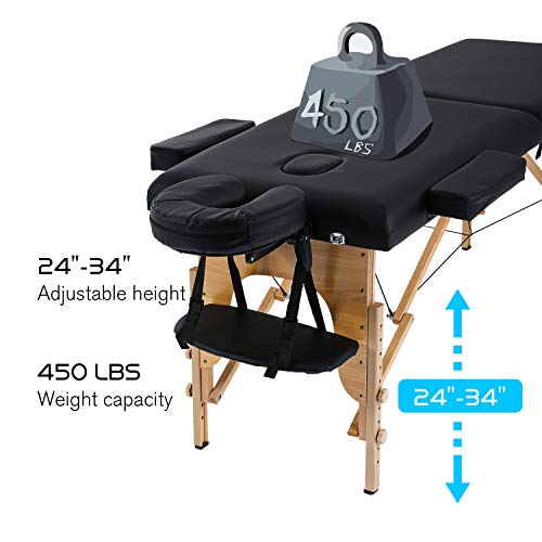 HCB Portable Massage Table SPA Massage Bed Foldable 73" Adjustable Height 2 Folding SPA Salon Bed 450 LBS Capacity Carrying Case with Dust Bag (Black) - Image 2