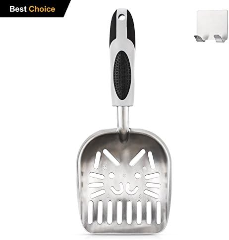 Cat Litter Scoop, Cat Face Sifter with Deep Shovel Non-Stick Antimicrobial, Non-Slip Durable Solid Core Handle Metal Litter Scoop with Metal Holder