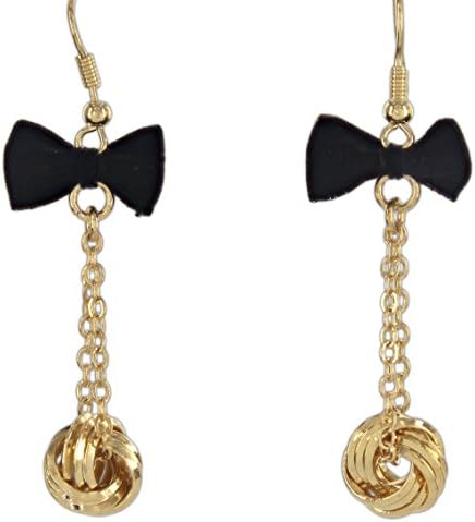 Periwinkle Black Bow Dangle Earrings with Gold-Tone Knot Tassel