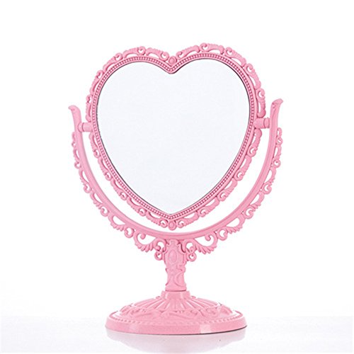 Makeup Mirror 2 Side Comestic Rotat Stand Table Plastic Dresser Heart Shape Mirrors Cosmetic Tool-Pink