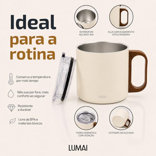 LUMAI Caneca Térmica 350ml Inox com Tampa Antivazamento Premium - Branca | Caneca de Café Caraíva, Aço Inox 304, Parede Dupla com Isolamento Térmico, Alça Estilo Madeira, Bebidas Quentes ou Frias