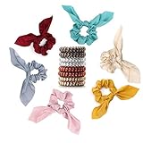 6 Pcs Bow Hair Scrunchies-Bunny Rabbits Ears Elastic Soft Chiffon Ponytail Holder Accessories for Women Girls and 8 Pcs Plastic Coil Hair Ties-Spiral Telephone Cord Hair Ties