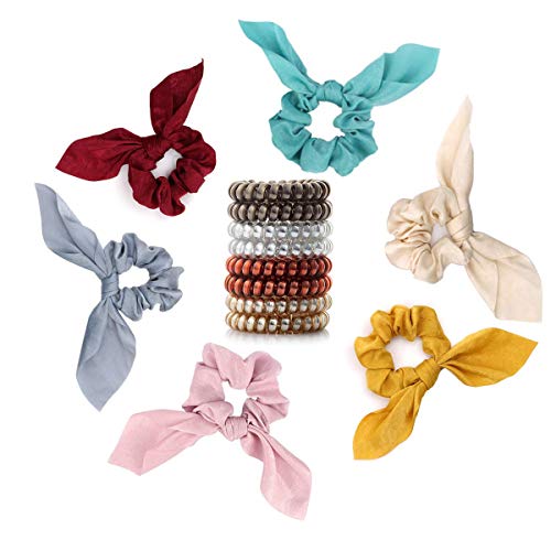 6 Pcs Bow Hair Scrunchies-Bunny Rabbits Ears Elastic Soft Chiffon Ponytail Holder Accessories for Women Girls and 8 Pcs Plastic Coil Hair Ties-Spiral Telephone Cord Hair Ties