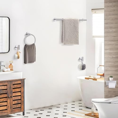 Bathroom Towel Bar Holder Sets, 5 Piece, Brushed Nickel Bathroom Hardware Set, Stainless Steel Toilet Paper Holder with Shelf Bathroom Accessories Kit Wall Mounted (Silver)