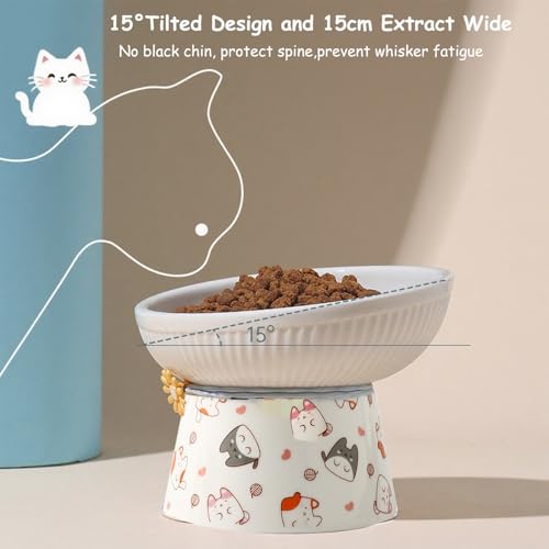 2 Pcs Elevated Ceramic Cat Bowl Raised Height Cats Feeder for Dry Wet Food & Water Anti Vomit Neck Protective Whisker Fatigue Relief Cat Food Bowls Non-Slip Pet Feeding Dish for Cats & Small Dogs
