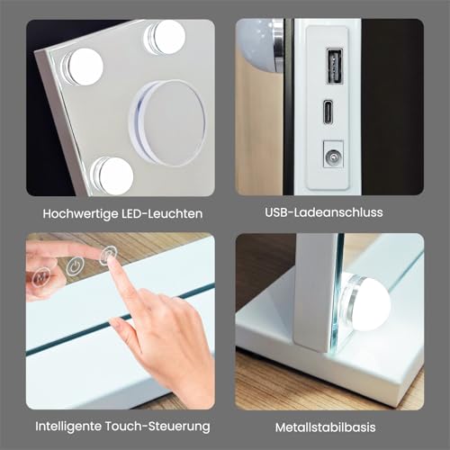 MIQU Espejo Maquillaje con Luz 58x45cm,Espejo Tocador Hollywood con 15 Bombillas LED,3 Modos de Luz,Intensidad Ajustable,con Puerto USB/Type-C,Aumento 10X,Control Táctil,para Mesa o Pared