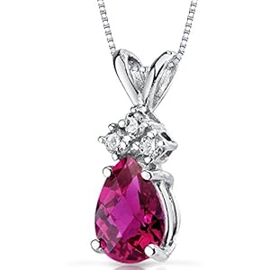 Peora Solid 14K White Gold Created Ruby with Genuine Diamonds Pendant for Women, Dainty Teardrop Solitaire, Pear Shape…