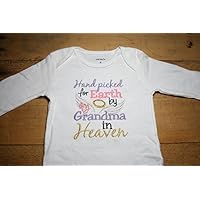 Embroidered Bodysuit Handpicked for Earth by my Grandma in Heaven Baby Shower Gift Pink Hand Picked Bodysuit Blue My