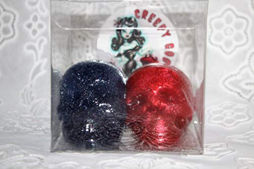 GET 2 JELLY SKULL SHAPED SOAP BARS 1 IN RED & 1 IN BLUE 2 DIFFERENT SCENTS THEY HOLD SHAPE AND LAST A VERY LONG TIME KIDS LOVE IT