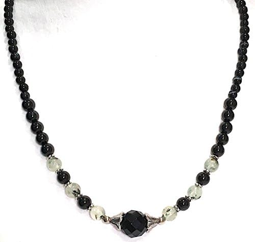 Handmade Black Onyx, Prehnite and Black Tourmaline Stretch Healing Necklace 17 inches