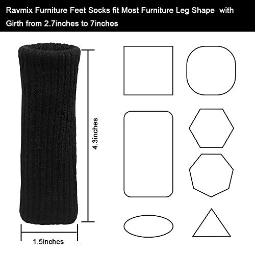 Furniture Socks, Ravmix 24PCS Knitted Elastic Non-Slip Strips Furniture Feet Covers Set Chair Leg Socks Floor Protectors, Fit Square & Round Feet Girth from 2.7'' to 7'', Black - Thumbnail 2