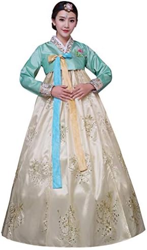 Womens Korean Hanbok Dress Embroidery Flower Long Sleeve Outfit Korean Traditional Costume