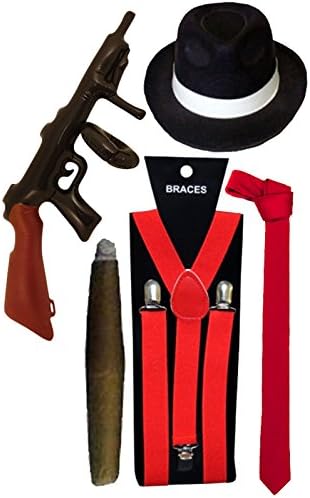 MENS 1920s HAT TIE BRACES RED GANGSTER FANCY DRESS ROARING PIMP CIGAR (Black Hat, Braces. Tie, T-Gun, Cigar Red)