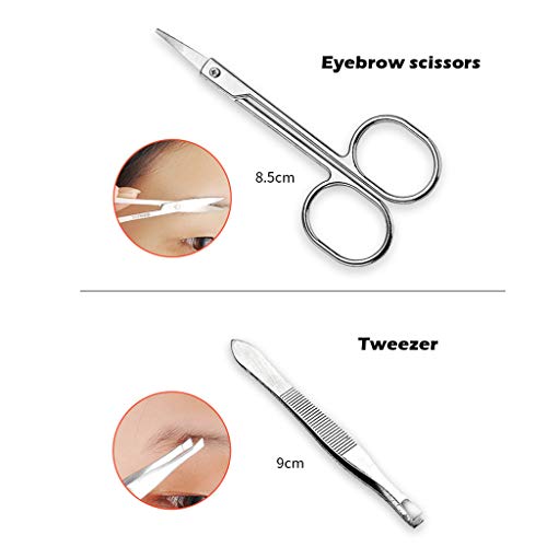 Pstars 10 in 1 Unisex Eyebrow Kit Eyebrow Scissors Shaping Knife Clip Double Head Extrusion Ring Acne Needle Spoon Curler Comb Eyebrow Card Stainless Steel Utility Tools