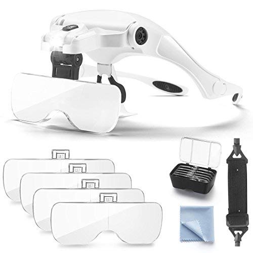 Dicfeos Magnifying Glass with Light for Close Work, Headband Lighted Magnifier with 5 Lenses for Jewelry, Arts, Crafts, Knitting, Cross Stitch, Stamp Kit, Needle Works, Crochet and DIY