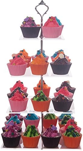 4 Tier Square Lifting Handle Acrylic Cupcake Stand Clear Acrylic Cake Tower (Silver)