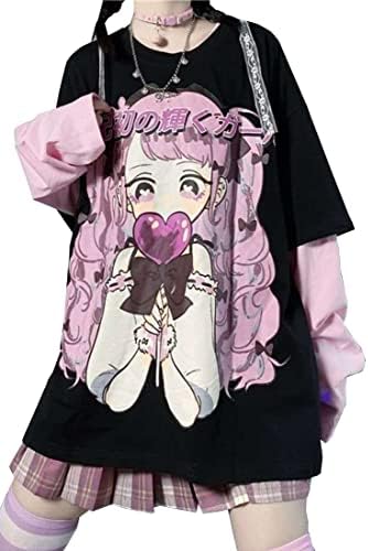 T-shirt Anime Maniche Lunghe Donna Patchwork Kawaii Harajuku – Top Gotico Finto Due Pezzi Rosa Taglia S