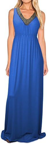 Elywish Women's Beaded V-Neck Empire Bodycon Formal Party Evening Maxi Dress