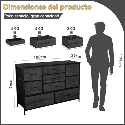 FURRIFIC Cómoda Gran Capacidad de 9 Cajones,100 * 75 * 30cm,Cajonera para Recamara,Ropa,Hogar Y Oficina,Organizador Cajonera de Estructura Metal con Cajones de Tela en 3 Tamaños,Negro