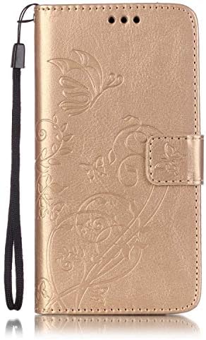 Galaxy A5 2015 Case,THRION Butterfly Flower Pattern Premium Leather Cover [Card Slot][Soft TPU Shockproof Protective] PU-Leather Case for Samsung Galaxy A5 2015 – Gold