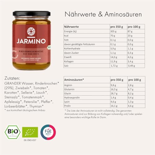 JARMINO Bio Knochenbrühe aus Weidehaltung | 12x 350ml Bone Broth | Brühe vom Rind | enthält Kollagen & Protein | Alternative zu Kollagenhydrolysat & Collagen Kapseln thumbnail 2