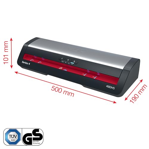 GBC 4410071EU – Laminator 250HS Home Office A3, Fast Heating in 1 Minute, 75-125 Microns, Anti-jamming, Automatic Shut-Off, Includes 5 A4 Laminating Sleeves, Black/Red