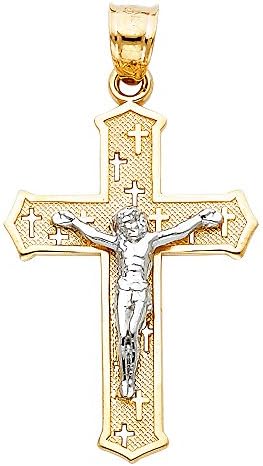 Solid 14k Yellow White Gold Cross Engraved Crucifix Pendant Jesus Charm Fancy Two Tone 30 x 19 mm