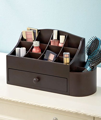 Espresso Wooden Makeup Cosmetic Beauty Organizer With Storage