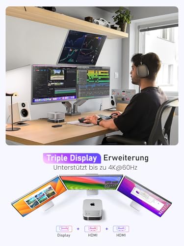 Lemorele Mac Mini M4 Dock with DisplayPort 4K@60Hz for Dual Monitor Configurations, 4 USB 3.2/3.0 Ports, M.2 NVMe 10Gbps SSD Slot, SD/TF Card Reader with Mac Mini M4/M4 Pro