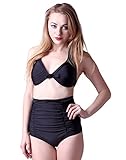 HDE Women Vintage 50s Pinup Girl Rockabilly High Waist Retro Bikini Swimsuit Set (Black, Large)