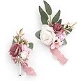 Ansofi Dusty Rose Wrist Corsage and Boutonniere Set Artificial Light Pink White Rose Flower Wristlet Band Bracelet and Men Boutonniere Set for Wedding Prom Homecoming Party Decor (2pcs)