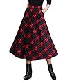 MU2M Womens Fashion Plaid High Waist Pocket Wool Blend Mid-Calf Swing Skirts