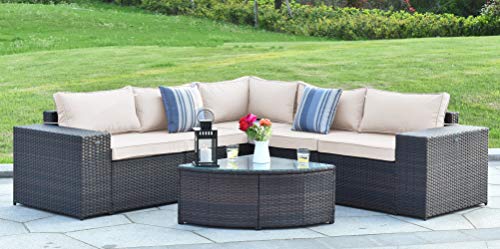 Gotland 6-Piece Outdoor PE Rattan Sectional Sofa Wide Armrest Patio Garden Wicker Furniture Set, ...