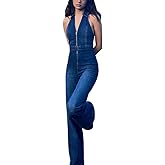 Glkaend Denim Jumpsuit for Women Sexy Slim Fit Zipper Sleeveless V-Neck High Waist Fashion Jean Pants Rompers