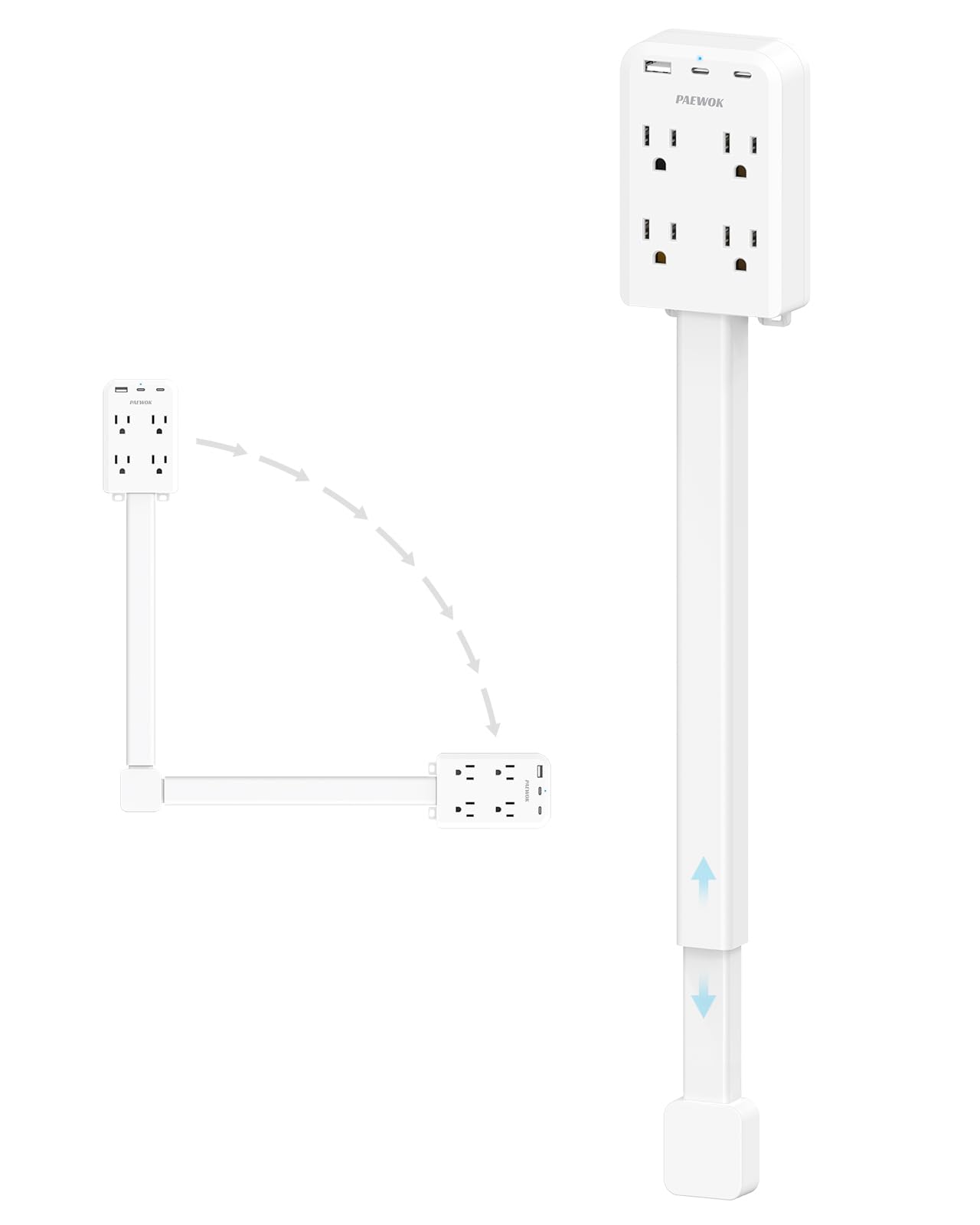 Photo 1 of Electrical Outlet Extender Stick with USB Ports(2 USB C), 180° Rotating Extendable Wall Plug with 4 AC Outlet, Adjustable 17.7"-27" Extendable Power Strip Stick for Behind Couch, Desk and Bed