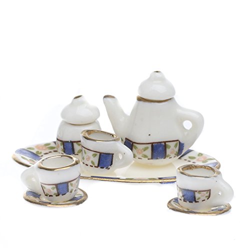 Ultra Tiny Dainty Blue Stripe Painted Ceramic Tea Set for Dollhouse Displays, Crafting, and Creating