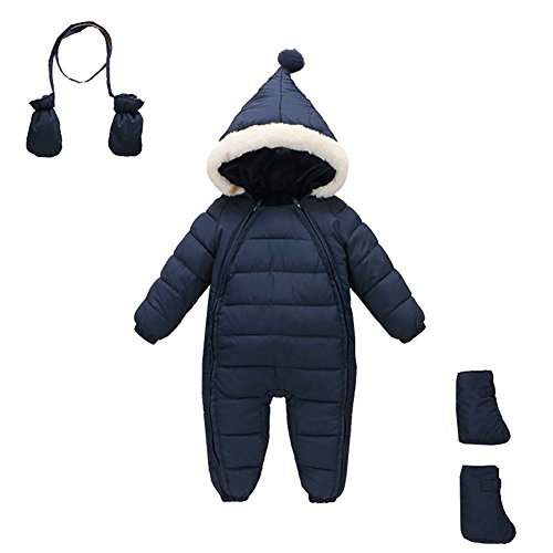 3 Piece Newborn Baby Hooded Onesies Down Jumpsuit Soft Snowsuit Set (12-18Months, Navy Blue)