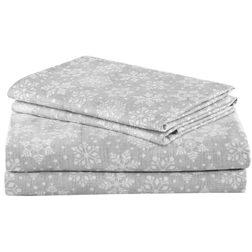 Comfort Spaces Cotton Flannel Breathable Warm Deep Pocket Sheets with Pillow Case Bedding, Cal King, Grey Snowflakes 4 Piece