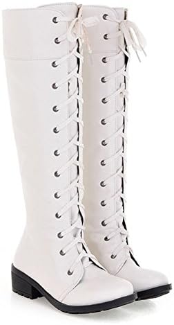 Popuus Women's Autumn Fall Over Knee High Combat Riding Boots White 6.5 B(M) US