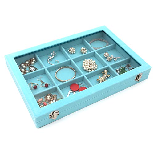 KLOUD City Jewelry Tray Box Showcase Display Storage Rings Earrings Necklaces Bracelet Broochs Organizer Removable Stackable Velvet Clear Lid with Lock (Light Blue 12 Grid)