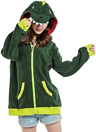 DarkCom Unisex Cute Fleece Hoodie Cartoon Dinosaur Zipper Sweatershirt Long Sleeve Tops Small