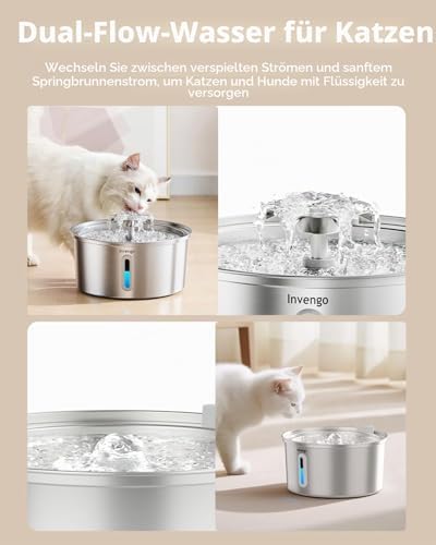 Katzenbrunnen Edelstahl, 3.2L Trinkbrunnen für Katze mit Blumenfontäne, LED-Anzeige, Wasserstandsanzeige und 5-Fach Filtersystem - Leiser Haustierbrunnen für Katzen und Kleine Hunde