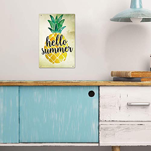 Agantree Art Hello Summer Pineapple Garden Yard Porch Metal Sign Outdoor Decorative Metal Plaque 12 x 8 Inch
