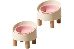 MS!MAKE SURE Raised Cat Food Bowls, Ceramic Elevated Small Dog Water Bowls with Stand,Wooden Pet Bowl with Anti Slip Rubber pad,Stress Free for Cats and Small Dogs 2 Sets Pink