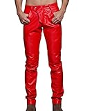 Idopy Men`s Slim Fit Party Performance Biker Faux Leather Jeans Pants Red 32