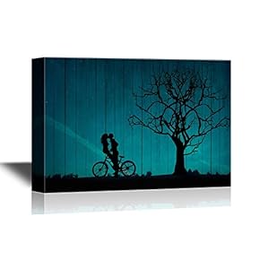 Abstract Tree Canvas Wall Art - Lovers on a Bike by a Tree Under Beautiful Night Sky - Gallery Wrap Modern Home Art | Ready to Hang - 12x18 inches