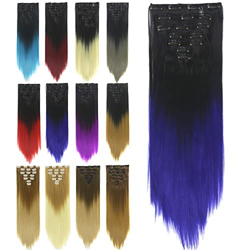 IMISSU 24 Inch 7PCS Set Long Straight Clip in Hair Extensions Ombre Color Full Head Hair Extension Hairpiece for Women 120g (Ombre Blue)