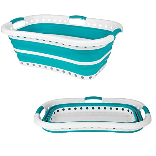 Beldray Hip Hugger 37L Laundry Basket, Foldable and Lightweight Laundry Basket, Ergonomic Basket Space-Saving and Portable, Includes Air Holes and 3 Ergonomic Handles, Turquoise